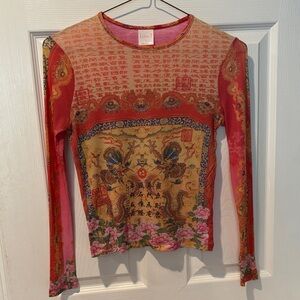 Lina Women's Red and Gold Patterned Long Sleeve Top